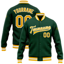 Load image into Gallery viewer, Custom Green Gold-White Bomber Full-Snap Varsity Letterman Jacket