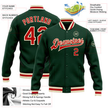 Load image into Gallery viewer, Custom Green Red-Cream Bomber Full-Snap Varsity Letterman Jacket