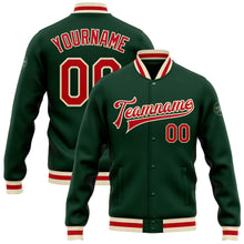 Load image into Gallery viewer, Custom Green Red-Cream Bomber Full-Snap Varsity Letterman Jacket