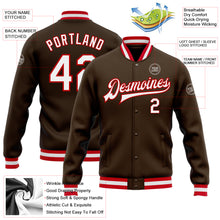 Load image into Gallery viewer, Custom Brown White-Red Bomber Full-Snap Varsity Letterman Jacket