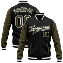 Load image into Gallery viewer, Custom Black Olive-White Bomber Full-Snap Varsity Letterman Two Tone Jacket