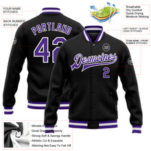 Load image into Gallery viewer, Custom Black Purple-White Bomber Full-Snap Varsity Letterman Jacket