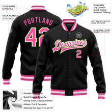 Load image into Gallery viewer, Custom Black Pink-Neon Green Bomber Full-Snap Varsity Letterman Jacket