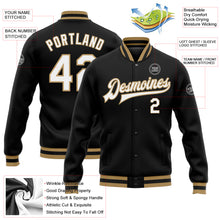 Load image into Gallery viewer, Custom Black White-Old Gold Bomber Full-Snap Varsity Letterman Jacket
