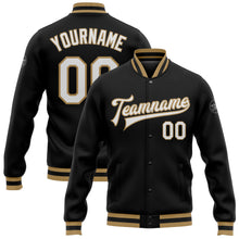 Load image into Gallery viewer, Custom Black White-Old Gold Bomber Full-Snap Varsity Letterman Jacket