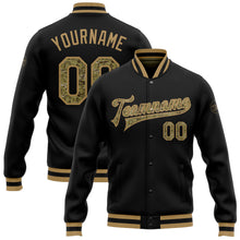 Load image into Gallery viewer, Custom Black Camo-Old Gold Bomber Full-Snap Varsity Letterman Jacket