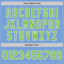 Load image into Gallery viewer, Custom Light Blue Neon Green-White Bomber Full-Snap Varsity Letterman Jacket