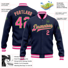 Load image into Gallery viewer, Custom Navy Pink-Neon Green Bomber Full-Snap Varsity Letterman Jacket