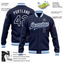 Load image into Gallery viewer, Custom Navy Navy-Light Blue Bomber Full-Snap Varsity Letterman Jacket