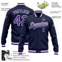 Load image into Gallery viewer, Custom Navy Purple-White Bomber Full-Snap Varsity Letterman Jacket