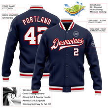 Load image into Gallery viewer, Custom Navy White-Red Bomber Full-Snap Varsity Letterman Jacket