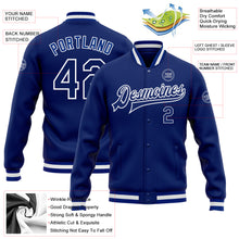 Load image into Gallery viewer, Custom Royal Royal-White Bomber Full-Snap Varsity Letterman Jacket