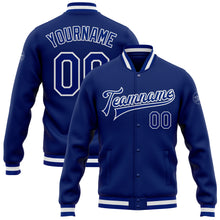 Load image into Gallery viewer, Custom Royal Royal-White Bomber Full-Snap Varsity Letterman Jacket