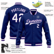 Load image into Gallery viewer, Custom Royal White-Purple Bomber Full-Snap Varsity Letterman Jacket