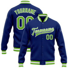 Load image into Gallery viewer, Custom Royal Neon Green-White Bomber Full-Snap Varsity Letterman Jacket