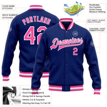 Load image into Gallery viewer, Custom Royal Pink-White Bomber Full-Snap Varsity Letterman Jacket