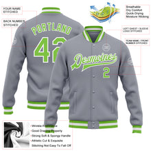 Load image into Gallery viewer, Custom Gray Neon Green-White Bomber Full-Snap Varsity Letterman Jacket