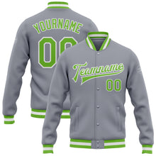 Load image into Gallery viewer, Custom Gray Neon Green-White Bomber Full-Snap Varsity Letterman Jacket