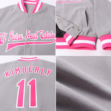 Load image into Gallery viewer, Custom Gray Pink-White Bomber Full-Snap Varsity Letterman Jacket