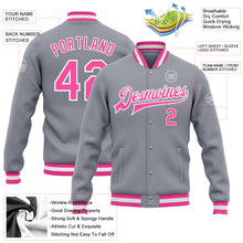 Load image into Gallery viewer, Custom Gray Pink-White Bomber Full-Snap Varsity Letterman Jacket