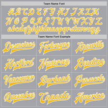 Load image into Gallery viewer, Custom Gray Gold-White Bomber Full-Snap Varsity Letterman Jacket