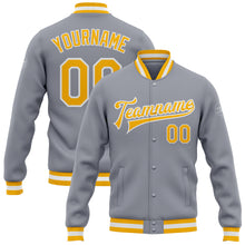 Load image into Gallery viewer, Custom Gray Gold-White Bomber Full-Snap Varsity Letterman Jacket