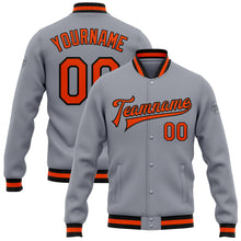 Load image into Gallery viewer, Custom Gray Orange-Black Bomber Full-Snap Varsity Letterman Jacket