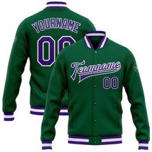 Load image into Gallery viewer, Custom Kelly Green Purple-White Bomber Full-Snap Varsity Letterman Jacket