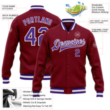Load image into Gallery viewer, Custom Crimson Purple-White Bomber Full-Snap Varsity Letterman Jacket