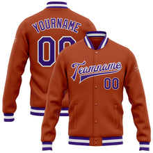 Load image into Gallery viewer, Custom Texas Orange Purple-White Bomber Full-Snap Varsity Letterman Jacket