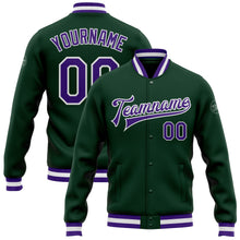Load image into Gallery viewer, Custom Green Purple-White Bomber Full-Snap Varsity Letterman Jacket