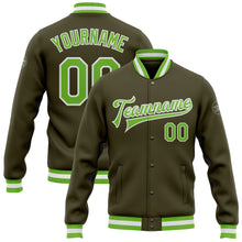 Load image into Gallery viewer, Custom Olive Neon Green-White Bomber Full-Snap Varsity Letterman Salute To Service Jacket