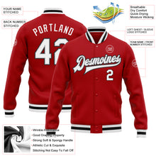 Load image into Gallery viewer, Custom Red White Gray-Black Bomber Full-Snap Varsity Letterman Jacket