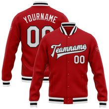 Load image into Gallery viewer, Custom Red White Gray-Black Bomber Full-Snap Varsity Letterman Jacket