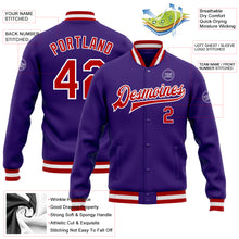 Load image into Gallery viewer, Custom Purple Red-White Bomber Full-Snap Varsity Letterman Jacket