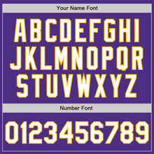 Load image into Gallery viewer, Custom Purple White-Gold Bomber Full-Snap Varsity Letterman Jacket