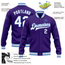 Load image into Gallery viewer, Custom Purple White-Light Blue Bomber Full-Snap Varsity Letterman Jacket
