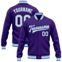 Load image into Gallery viewer, Custom Purple White-Light Blue Bomber Full-Snap Varsity Letterman Jacket