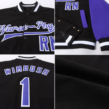 Load image into Gallery viewer, Custom Black Purple-White Bomber Full-Snap Varsity Letterman Two Tone Jacket