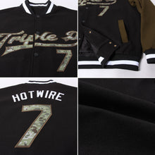Load image into Gallery viewer, Custom Black Camo-Olive Bomber Full-Snap Varsity Letterman Two Tone Jacket