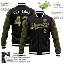 Load image into Gallery viewer, Custom Black Camo-Olive Bomber Full-Snap Varsity Letterman Two Tone Jacket
