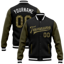 Load image into Gallery viewer, Custom Black Camo-Olive Bomber Full-Snap Varsity Letterman Two Tone Jacket