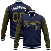 Load image into Gallery viewer, Custom Navy Camo-Olive Bomber Full-Snap Varsity Letterman Two Tone Jacket