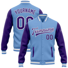 Load image into Gallery viewer, Custom Light Blue Purple-White Bomber Full-Snap Varsity Letterman Two Tone Jacket