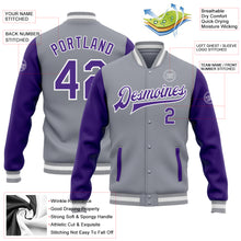 Load image into Gallery viewer, Custom Gray Purple-White Bomber Full-Snap Varsity Letterman Two Tone Jacket