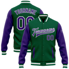 Load image into Gallery viewer, Custom Kelly Green Purple-White Bomber Full-Snap Varsity Letterman Two Tone Jacket