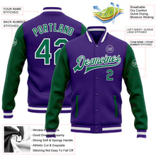 Load image into Gallery viewer, Custom Purple Kelly Green-White Bomber Full-Snap Varsity Letterman Two Tone Jacket