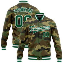 Load image into Gallery viewer, Custom Camo Kelly Green-White Bomber Full-Snap Varsity Letterman Salute To Service Jacket