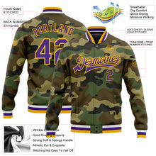 Load image into Gallery viewer, Custom Camo Purple-Gold Bomber Full-Snap Varsity Letterman Salute To Service Jacket