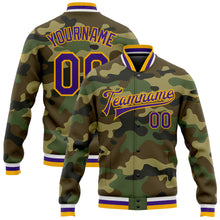 Load image into Gallery viewer, Custom Camo Purple-Gold Bomber Full-Snap Varsity Letterman Salute To Service Jacket